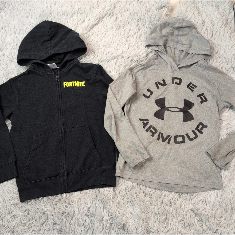 Fortnite Under Armour Sweatshirt Boys M Hoodie Black Gray Athletic Lot Of 2